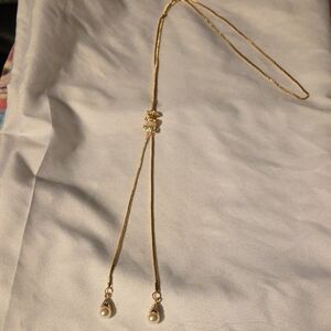 Elegant Adjustible Gold Lariat Slider Necklace with Pearl Dangles